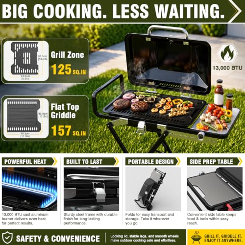 Image of Bestfire Propane Gas Grill, 13000 BTU 2-in-1 Griddle & Grill Grate Foldable