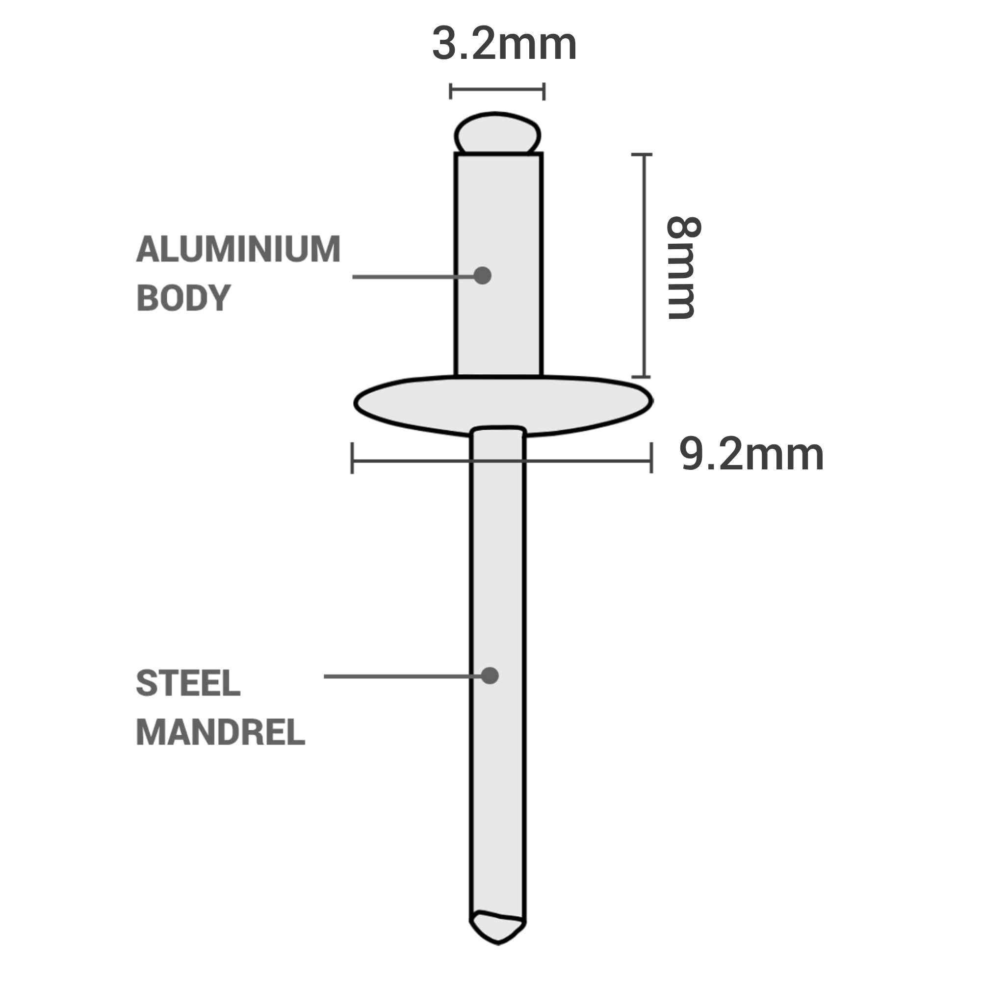 SKIR'CO (500 szt.) Duże aluminiowe nity zrywalne 3,2 x 8 mm, trzpień stalowy, aluminiowe nity zrywalne