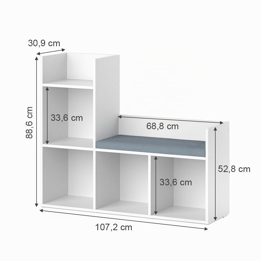 Vicco Estante Infantil Luigi, Blanco, 107.2 x 88.6 cm, con Asiento Acolchado y Cuatro estantes Abiertos