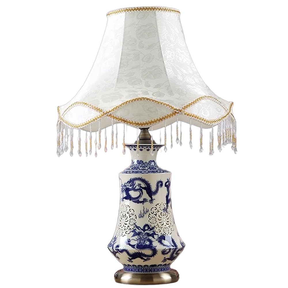 SANBDDLYY Hand-Painted Chinese Ceramic Table Lamp - Minimalist Blue and White Porcelain for Bedroom, Living Room, Office
