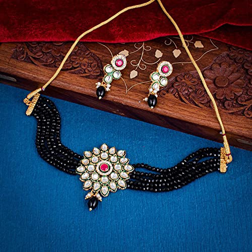Image of Sukkhi charismatic Gold Plated Kundan & Pearl Choker Necklace Set For Women (NS101122)