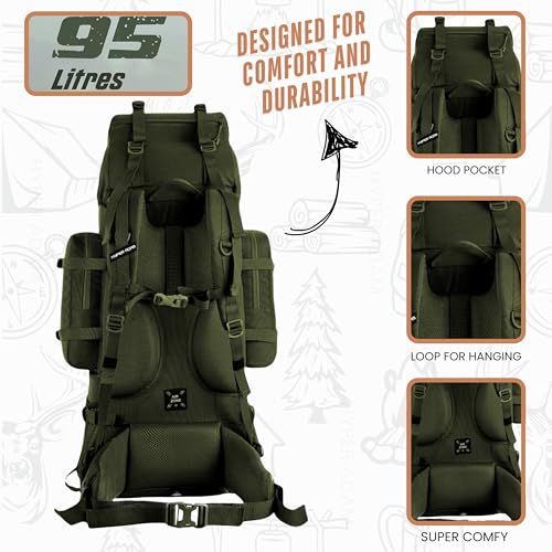 Image of Hyper Adam 95 Ltr Rucksack With Detachable Hiking Backpack & Rain Cover for Trekking & Travelling | Mountain Bags For Men & Women| Backpack Military Grade Made With 3 Year Warranty