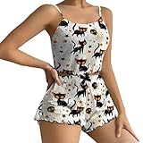 Conjunto de pijama corto de algodón acanalado para mujer, conjunto de pijama corto de algodón, tirantes delgados, elástico, ajustado, estampado vintage, casual, con cordón ajustable, pantalones cortos