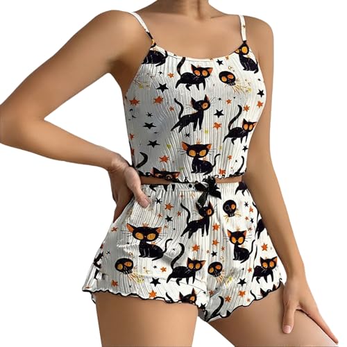 Generisch Conjunto de camiseta de tirantes y pantalones cortos con estampado de Halloween y pijama (caqui, L)