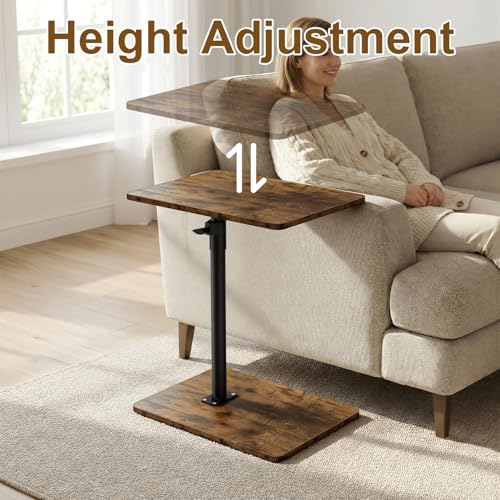 Image of YUHFERA Sofa Armrest Tray Table for Couch - 360 Swivel Height Adjustable End Table for Small Spaces, Snack Side Table for Bed or Chair with Phone & Tablet Slot (Rustic, Enlarged)