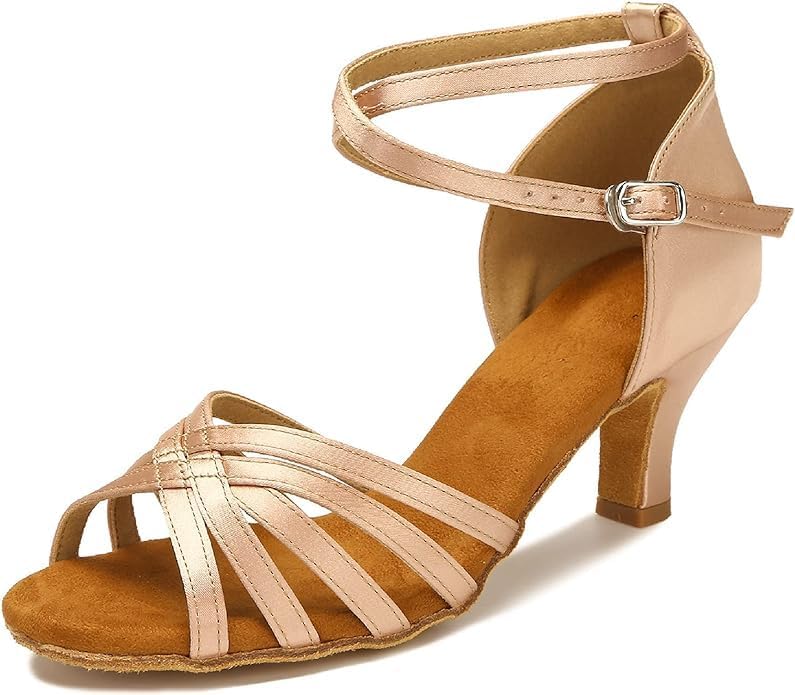 Yokala Ballroom Latin Salsa Dance Shoes Women Low Heel Practice Dancing Sandals for Social Dance Beginner S04 (6.5,Nude-1.5 Inch Heel)