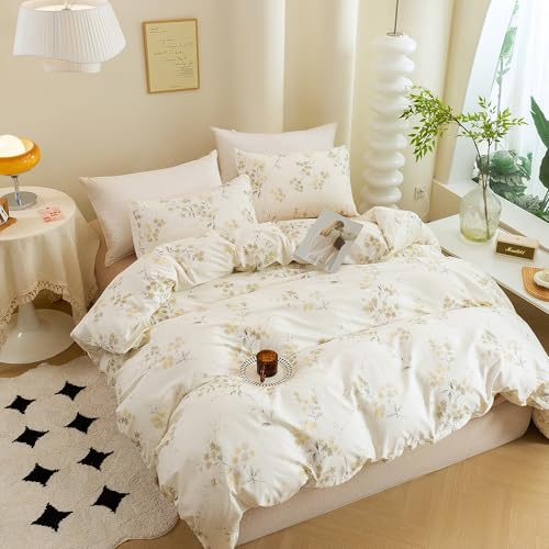 ECOCOTT Vintage Wash Painting Floral Duvet Cover Sets Queen Size,3 Pieces 100% Natural Cotton 1 Duvet Cover with Zipper and 2 Pillowcases, Ultra Soft and Easy Care Breathable Cozy Bedding Set