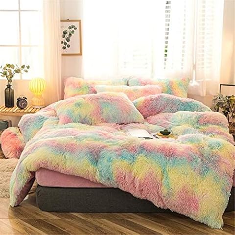 Plush Shaggy Duvet Cover, Soft Crystal Velvet Bedding, Luxury Fluffy 1 PC Faux Fur Duvet Cover, Zipper Closure (Rainbow- Pink, Queen) Cover