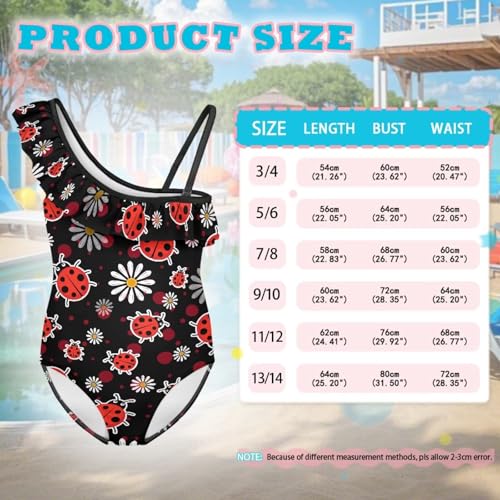 Image of Ladybug Swimsuits for Girls 5-14 One Piece Bathing Suit Kids One Ruffle Shoulder Beach Sport Swimwear