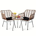 KROFEM 3 Piece Wicker Patio Bistro Furniture Set, Includes 2 Rattan Chairs and Glass Top Table, Ideal for Porch, Outdoor, Backyard, Apartment, Balcony, Natural