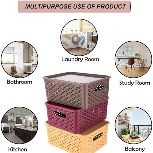 Image of BENAVJI Multipurpose Solitaire Storage Basket with Lid Strong Plastic Material & Side Grip Size Small 25 x 19 x 10.5 Multipurpose Pack of 3 Multicolor