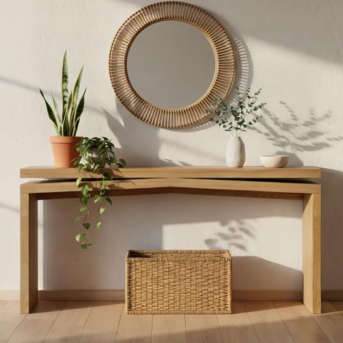 FIVEGIVEN 65" Modern Console Table, Long Entryway Table with Split-Level Silhouette & Sled Base, Accent Sofa Table for Hallway, Living Room, Behind Couch - Light Brown