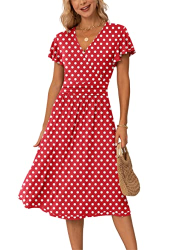 GRECERELLE Robe d'été décontractée à volants et col en V pour femme, 20 pois rouges et blancs,...