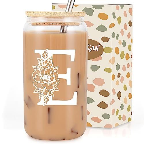 Coolife Initial Glass Cup, Monogrammed Gifts for Women, 16 oz Glass Cups w/Lids Straws, Iced Coffee Smoothie Beer Tumbler w/Straw Lid - Personalized Mothers Day, Birthday Gifts for Her Mom Friend