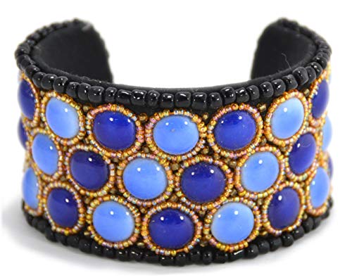 Bracelet ouvert bleu rigide plat en perles de porcelaine pour femme