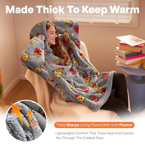 Image of Giggling Getup Wearable Blanket Hoodie for Adults Gifts for Teen Girls Sister Women Sherpa Fleece Printed Hooded Blanket Sweatshirt Warm Cozy with Pocket & Sleeves Grey Chicken Nuggets Fries