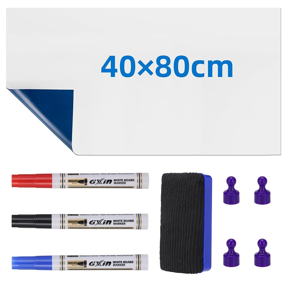 Magnetic Whiteboard, 40x80cm Self-Adhesive Magnetic Sheet, PET Magnet Board with 3 Markers, 1 Eraser & 4 Magnets, Sticky Whiteboard Portable for Smooth Surfaces for Home, Office, School & Kitchen