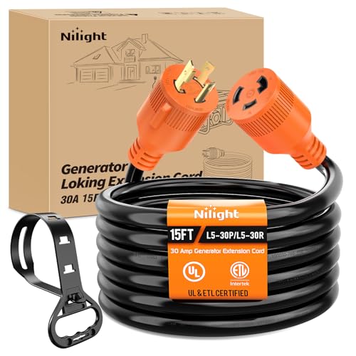 Image of Nilight 30 Amp 15FT Generator Extension Cord 3 Prong RV Power Cords with Twist Lock Waterproof NEMA L5-30P L5-30R Cable Heavy Duty 10AWG ETL Listed for RV Marine Boat Generators Outdoor Use