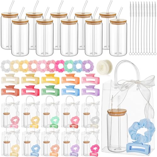 SiliFine 41 Pcs/10 Set Birthday Gifts for Girls, Pastel Birthday Gifts Party Supplies 10 Glass Cups 10 Hair Bands 10 Hair Clip 10 Tote Bags 1 Ribbon for Women Spa Sleepover Slumber Party Favor