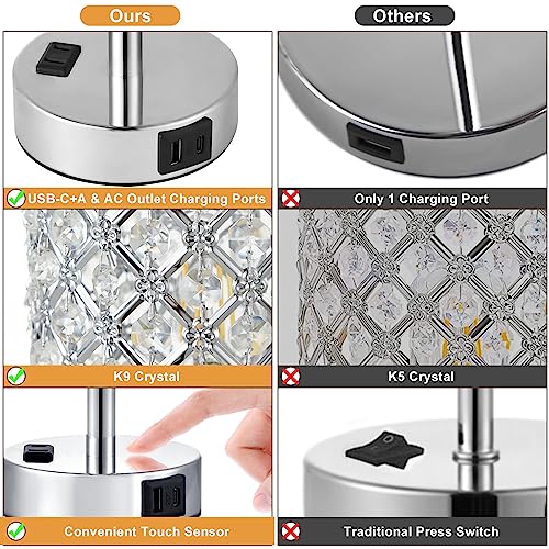 Image of Silver Crystal Lamps Set of 2, 3-Way Dimmable Touch Lamps for Nightstand | USB-C+A & AC Outlet, Modern Table Lamp for Bedroom, Bedside, Night Stands, Glitter Lamp, Bulbs Included