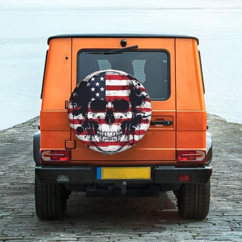 Image of Skull with American Flag Spare Tire Cover, Universal Wheel Tire Cover Funny Skull Skeleton Tire Protectors for Trailer RV SUV Truck Camper 17 Inch