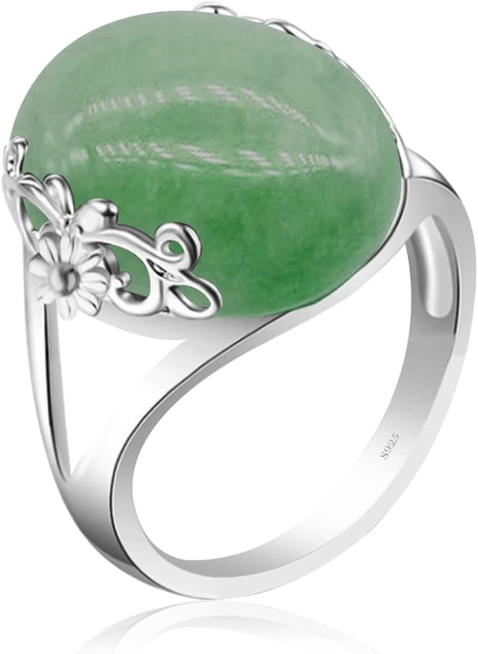 DALEGEMNatural Green Rose Quartz Stone Crystal Ring for Women Girls,S925 Sterling Silver Edged with Flower Vine Thick Genuine Aventurine Quartz DongLing Stone Gemstone Turkey Ring Jewelry Gift for