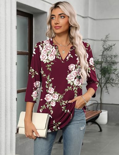 Zeagoo Tunic Shirts for Women 3/4 Sleeve Tops Floral V Neck Blouses Dressy Casual Tops for Grandma Red L2