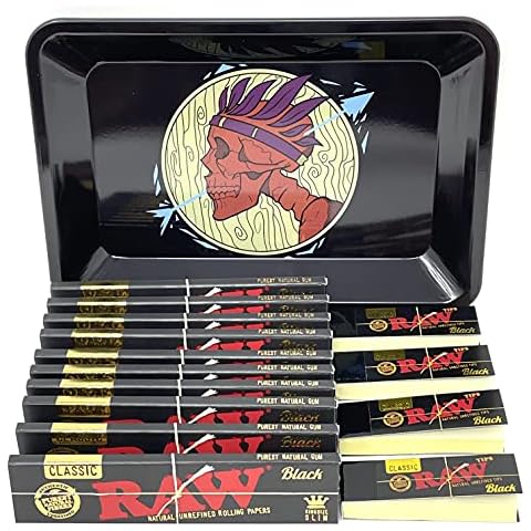 Reds Skull Mini Metal Tray RAW Classic Black King Size Slim [10 Pack + 4 Black Tips] Rolling Papers Cover