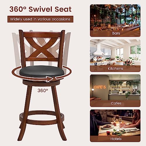 GIANTEX Butacos de Barra de 24" Set de 2, Taburetes Giratorios 360° para Barra con Respaldo, Marco de Madera de Caucho Sólido, Asiento Tapizado en Cuero Sintético Vintage para Isla de Cocina y Bar en Casa miniatura 5