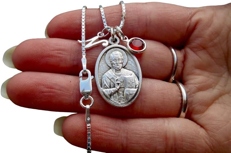 Saint St Nicholas Icon Necklace - 18" Sterling Silver Box Chain- Crystal Birthstone - Patron Saint of Children and Sailors- Confirmation Gift-