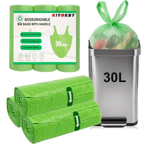 Bolsas de basura biodegradables de 30L con asa, KITBEST 60 bolsas verdes para residuos de alimentos, compostables, medianas, para cocina, baño, oficina, aseo (60 x 75cm)