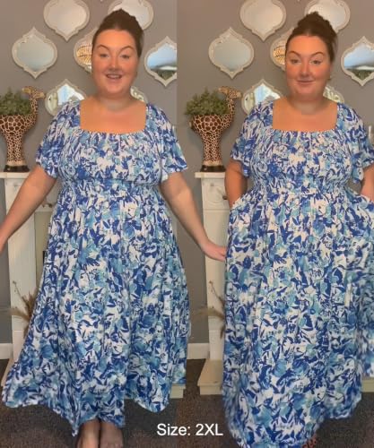 Image of RITERA Plus Size Dresses for Curvy Women Square Neck Short Sleeve Summer Floral Smocked Maxi Dress with Pocket XL-5XL