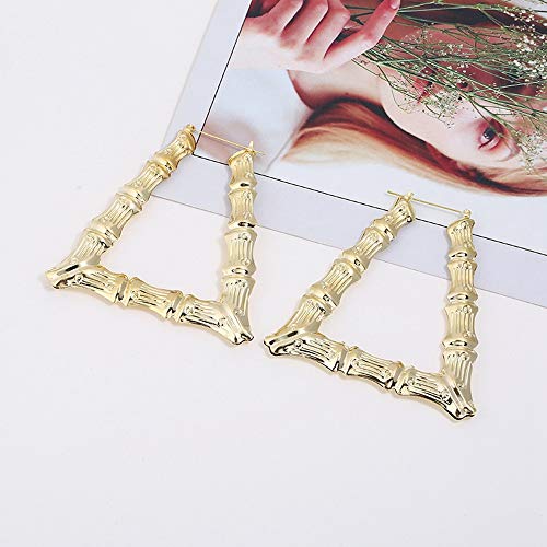 Gold Bamboo Triangle Hollow Hoop Earrings for Women - Big Large Bamboo Hoop Earring (Gold Triangle)4