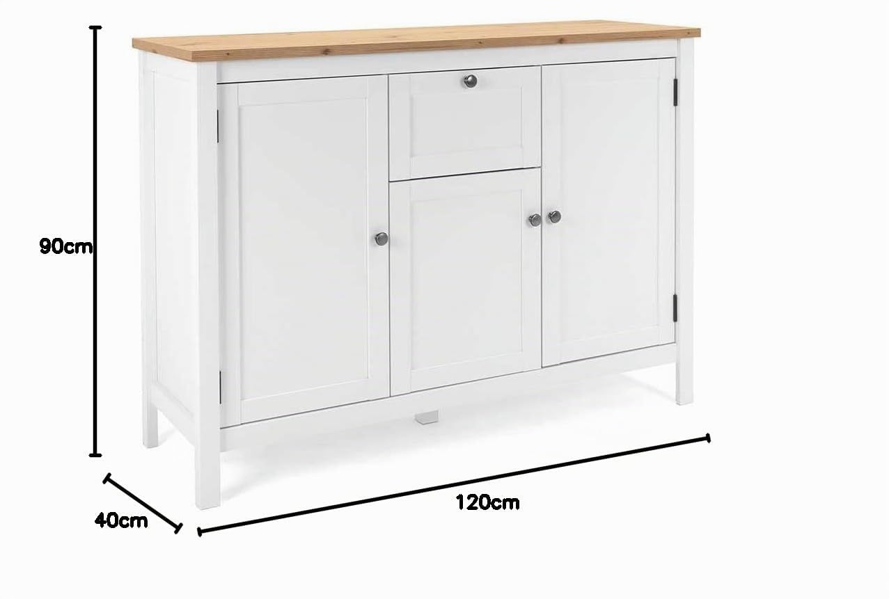 Landhaus Sideboard (B/H/T: 120 x 90 x 40 cm) 3 Rahmentüren, 1 Schubkasten | Stollenfüße | Metallbeschläge antik | Magnetverschluss