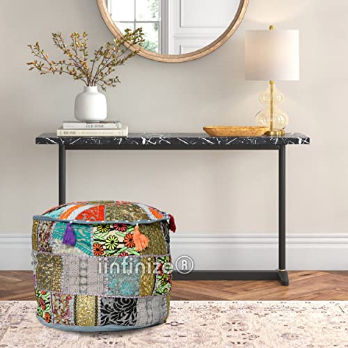 Ottomane vintage en patchwork gris et pouf de rangement en coton brodé - 2