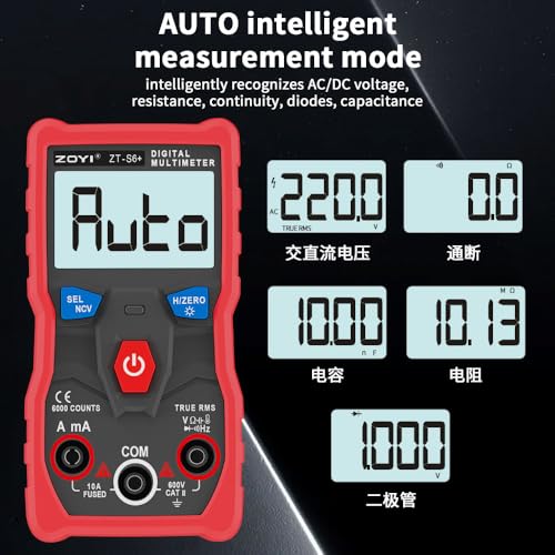 Image of ZOYI ZT-S6+ Digital Multimeter, 6000 Counts True RMS, Auto-Identify Measures AC /DC Voltage, Resistance, Capacitance, Continuity and Diode with Non-Contact Voltage Function-Red