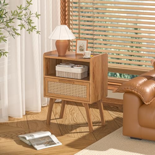 Image of Lerliuo Rattan Nightstand, Side Table with Drawer Open Shelf | Bedside End Table with Solid Wood Legs, Mid Century Modern Night Stand for Bedroom, Dorm and Small Spaces (Tea Brown)