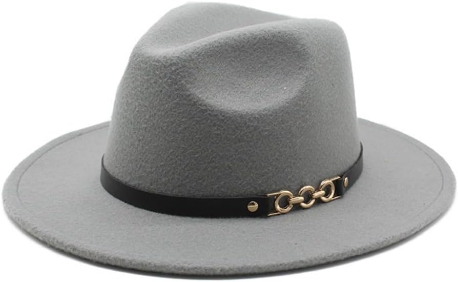 Classic Wool Fedora Hat with Chain Detail Band, Wide Brim Western Style, Black