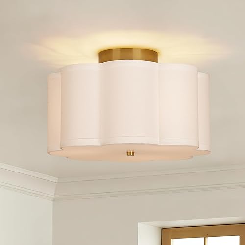 Lámpara de techo moderna de montaje empotrado, lámpara de guardería de 3 luces con pantalla de tela blanca tipo pétalo, lámpara de techo de tambor