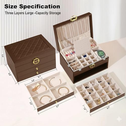 Image of Jewelry Box For Women Girl Wife 3 Layers Large Pu Leather Jewelry Organizer Storage Case With Two Drawers Display For Earrings Bracelets Rings Watches Design Jewelry Box, Jewelry Organizer (Brown)