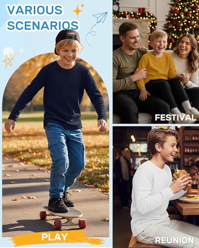 Image of 4 Pack Boys Long Sleeve Waffle Shirts | School Sweaters for Boys, Waffle Knit Thermal Shirts, Crewneck Thermal Casual Tops, Fall, Winter, Kids Clothes for 5-14 Y
