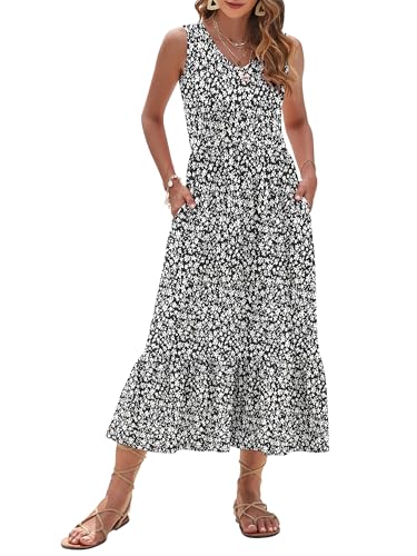 Image of AUSELILY Womens Summer Maxi Dress Casual Sleeveless V Neck Floral Dresses | A line shape with practical side pockets, Vacation dress for resort walks, Pair with low heels and simple jewelry
