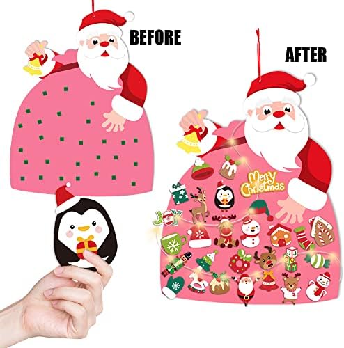 LOKIPA DIY Felt Christmas Santa for Kids with LED Lights,Christmas Felt Decorations Kits with 28PCS Wall Hanging Detachable Ornaments for Toddlers Xmas Gift