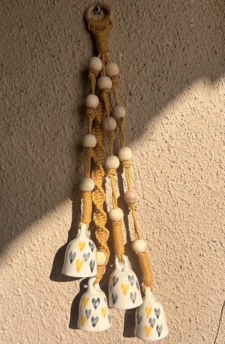Image of Mundane | Macrame Bell Hanging with Handpainted Ceramic Bells | Wall & Balcony Home Decor | Bells Size- 2.5 inches | (Grey Yellow Hearts- Yellow Macrame)