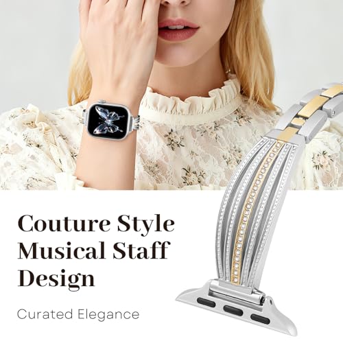 Image of AIRSPO Slim Gold Band Compatible with Apple Watch 38mm 40mm 41mm 42mm 44mm 45mm 46mm Women Thin Metal Strap Dressy Jewelry Bracelet with Bling Diamond for iWatch Bands Series 11 10 9 8 7 6 5 4 3 SE (Silver and Gold-02, 42mm /44mm /45mm /49mm /46mm(Series 10))