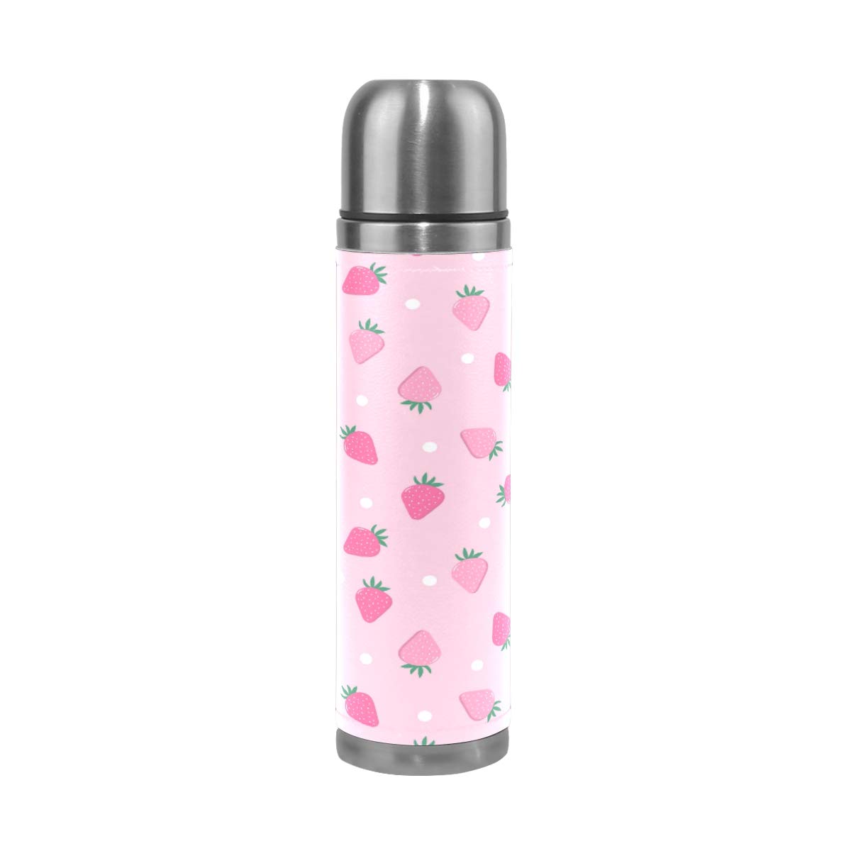 Taza de viaje aislada al vacío de acero inoxidable con doble pared a prueba de fugas, bonito diseño de fresa rosa, personalizable impreso en piel auténtica, termo de 500 ml