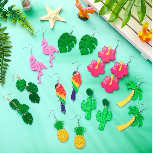 8 Pairs Summer Earrings for Women Hawaiian Tropical Acrylic Dangle Earrings Hawaii Flower Pineapple Leaf Earring Holiday Jewelry2