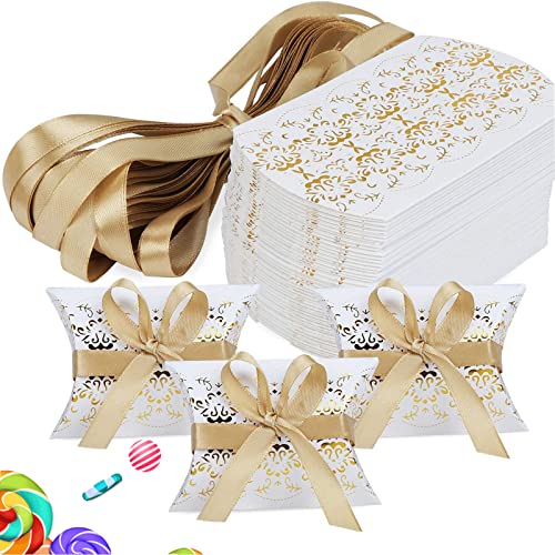 HoufuJC 50 Piezas Cajas de Regalos de Boda de Almohada, Caja de Regalo para Fiestas, Kit con Cintas Doradas, para Regalos de Boda, Suministros para Fiestas de Cumpleaños, Baby Shower (Blanco, Dorado) Cover