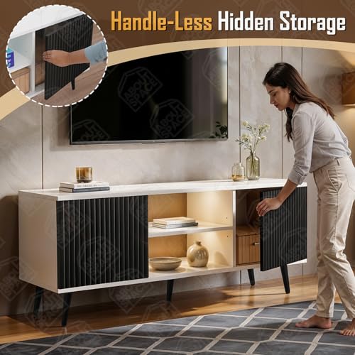 Image of ABOUT SPACE TV Unit - Engineered Wooden TV Stand Table with Bottom Open Storage, Adjustable Shelves & 2 Non-Fluted-Effect Closed Cabinets for WiFi Router Stand (White &Black - L136 x B40.5 x H53 cm)