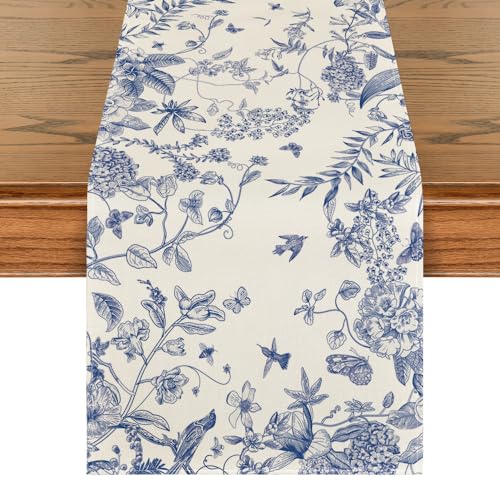 Artoid Mode Monochrome Sketch Birds and Flowers Spring Table Runner,